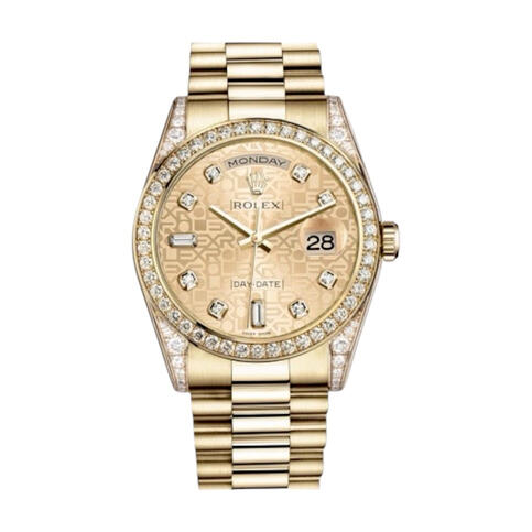 Rolex Diamond President Watch – Luxurious Rolex Day-Date wristwatch in gold with diamond bezel and markers—an iconic status symbol.