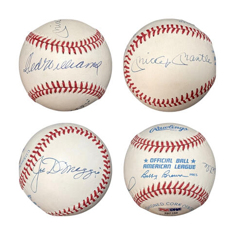 Triple-Signed Baseball – PSA Authenticated – Single baseball signed by three legends: Ted Williams, Mickey Mantle, and Joe DiMaggio. Authenticated by PSA—an iconic collector’s centerpiece.